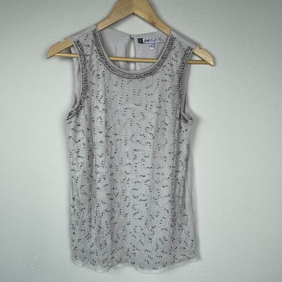 Jennifer Lopez Beige Sleeveless Top Size S –‎ Beaded Chiffon Fairycore Keyhole - Picture 1 of 7